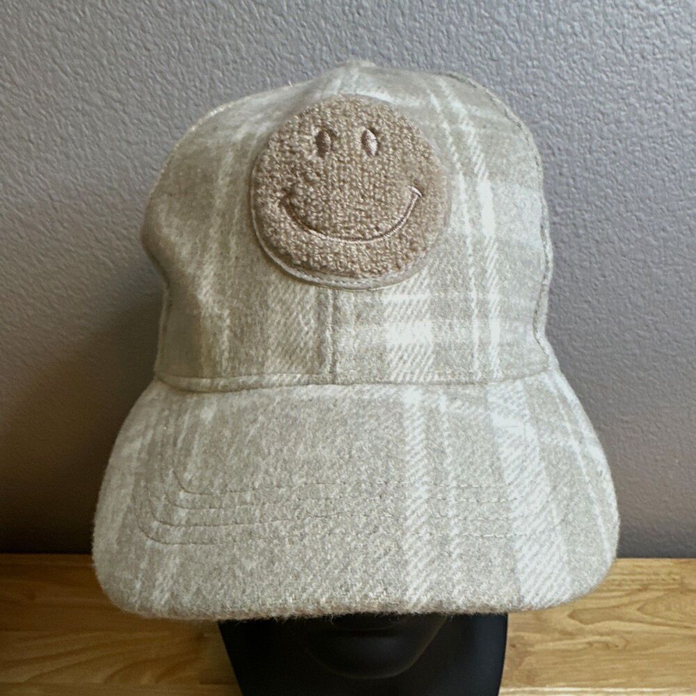 Steve Madden Womens One Size Plaid Smiley Baseball Cap Adjustable Lined Ivory